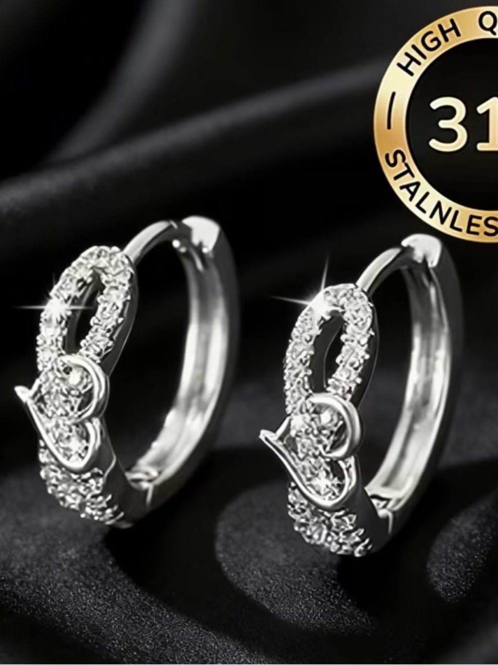 Crystal-Embellished Silver Hoop Earrings for Women/Stainless Steal